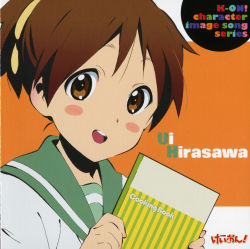 Rule 34 | 00s, 1girl, album cover, blush, blush stickers, brown eyes, brown hair, character single, cover, highres, hirasawa ui, k-on!, official art, ponytail, school uniform, solo