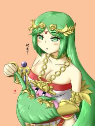 Rule 34 | 1girl, :o, ?, armlet, belt, blush, breast smother, breasts, choker, cleavage, copy ability, dress, face to breasts, fingernails, forehead jewel, gameplay mechanics, gem, green eyes, green hair, holding, jewelry, kid icarus, kid icarus uprising, kirby, kirby (series), large breasts, long hair, multiple belts, namaixy, necklace, nintendo, palutena, parted bangs, pendant, side slit, size difference, staff, strapless, strapless dress, super smash bros., swept bangs, tiara, vambraces, very long hair