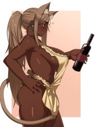 Rule 34 | 1girl, animal ear fluff, animal ears, apron, bare shoulders, bell, blush, bottle, breasts, brown hair, cat ears, cat girl, cat tail, commentary, cowboy shot, dark-skinned female, dark skin, extra ears, frilled apron, frills, from side, hand on own hip, highres, holding, holding bottle, huge breasts, jingle bell, kevbot, large breasts, long hair, mole, mole under eye, naked apron, original, parted bangs, parted lips, ponytail, ponytail cat girl (kevbot), red eyes, sideboob, sideways mouth, solo, tail, very dark skin, wine bottle