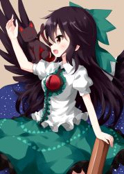 Rule 34 | 1girl, :3, animal on arm, arm up, bird wings, black cat, black feathers, black hair, black wings, blouse, bow, brown background, brown eyes, cape, cat, center frills, collared shirt, control rod, cowboy shot, feathered wings, feathers, frilled skirt, frills, green bow, green skirt, hair between eyes, hair bow, highres, holding rod, kaenbyou rin, kaenbyou rin (cat), long hair, looking at viewer, looking to the side, open mouth, puffy short sleeves, puffy sleeves, red eyes, reiuji utsuho, ruu (tksymkw), shirt, short sleeves, simple background, skirt, smile, standing, starry sky print, third eye, touhou, triangle print, white cape, white shirt, wings