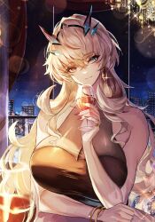 Rule 34 | 1girl, alcohol, bare shoulders, barghest (fate), black dress, blonde hair, bracelet, breasts, chiachun0621, cleavage, cup, dress, drinking glass, earrings, fate/grand order, fate (series), green eyes, heterochromia, highres, jewelry, large breasts, long hair, looking at viewer, red eyes, ring, see-through, see-through cleavage, smile, solo, stage, wine, wine glass