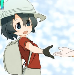 Rule 34 | 10s, 2girls, :d, backpack, bag, black gloves, black hair, blue eyes, commentary request, eyes visible through hair, gloves, hat, hat feather, kaban (kemono friends), kemono friends, multiple girls, open mouth, outstretched arm, red shirt, sat-c, serval (kemono friends), shirt, short hair, short sleeves, smile, solo focus, white hat