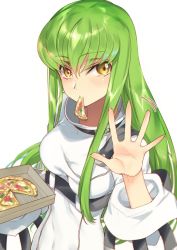 Rule 34 | 1girl, blush, breasts, c.c., code geass, covered navel, creayus, fingernails, green hair, long fingernails, long hair, long sleeves, looking at viewer, medium breasts, motion lines, mouth hold, palms, pizza box, robe, sidelocks, simple background, solo, spread fingers, tsurime, underbust, upper body, very long hair, waving, white background, yellow eyes