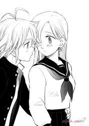 Rule 34 | 1boy, 1girl, antenna hair, blush, closed mouth, couple, elizabeth liones, eye contact, greyscale, hair over one eye, hand on another&#039;s hip, harumiya, hetero, imminent kiss, jacket, long hair, long sleeves, looking at another, meliodas, monochrome, nanatsu no taizai, neckerchief, open clothes, open jacket, parted lips, pleated skirt, sailor collar, sailor shirt, school uniform, serafuku, shirt, short hair, simple background, sketch, skirt, straight hair, twitter username, white background