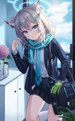Rule 34 | 1girl, absurdres, animal ear fluff, animal ears, bag, black bag, black skirt, blazer, blue archive, blue eyes, blue jacket, blue necktie, blue scarf, blush, collared shirt, cupboard, earphones, extra ears, feet out of frame, flower, frizard34127, glass, gloves, green gloves, highres, id card, indoors, jacket, kneehighs, lapels, light particles, long hair, long sleeves, looking at viewer, mismatched pupils, necktie, open clothes, open jacket, parted lips, pink flower, pleated skirt, scarf, school bag, school uniform, shiroko (blue archive), shirt, shirt tucked in, single glove, skirt, socks, solo, striped clothes, striped scarf, white socks, wolf ears