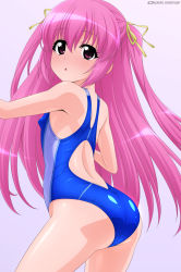 Rule 34 | 1girl, absurdres, ass, blue one-piece swimsuit, blush, breasts, commentary request, competition swimsuit, contrapposto, cowboy shot, from behind, grey background, hair ribbon, highres, long hair, looking at viewer, looking back, one-piece swimsuit, original, pink hair, purple eyes, ribbon, simple background, small breasts, solo, standing, sugimura tomokazu, swimsuit, two side up, yellow ribbon