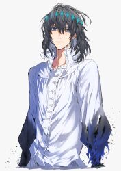 1boy blue_eyes collared_shirt crown diamond_hairband fate/grand_order fate_(series) frown grey_hair highres long_sleeves looking_at_viewer male_focus medium_hair oberon_(fate) oberon_(third_ascension)_(fate) shirt shusun_sun simple_background solo torn_clothes upper_body white_background white_shirt