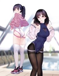 Rule 34 | 2girls, bare shoulders, black eyes, black hair, black pantyhose, blue one-piece swimsuit, blunt bangs, blurry, blurry background, bodystocking, breasts, casual one-piece swimsuit, cleavage, cleavage cutout, clothing cutout, feet out of frame, from behind, full body, grin, heart cutout, highres, hitomi o, long sleeves, looking at viewer, looking back, medium hair, multiple girls, one-piece swimsuit, original, pantyhose, pantyhose under swimsuit, pink footwear, pink sailor collar, pink serafuku, ponytail, pool, rei no pool, sailor collar, school uniform, serafuku, shirt, shoes, smile, sneakers, standing, swimsuit, thighband pantyhose, thighhighs, turtleneck, turtleneck one-piece swimsuit, undressing, white one-piece swimsuit, white shirt, white thighhighs