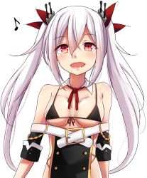 Rule 34 | 1girl, azur lane, bare shoulders, bikini, bikini top only, black bikini, blush, breasts, detached collar, front-tie bikini top, front-tie top, hair between eyes, hair ribbon, highres, long hair, looking at viewer, medium breasts, mistynight, musical note, open mouth, red eyes, red neckwear, red ribbon, revealing clothes, ribbon, silver hair, simple background, sleeves rolled up, slit pupils, smile, solo, swimsuit, twintails, upper body, vampire (azur lane), very long hair, white background