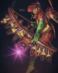 Rule 34 | 1boy, absurdres, artist name, aura, black background, boots, bow (weapon), drawing bow, earpiece, elbow gloves, furrowed brow, gloves, glowing, green eyes, green footwear, green gloves, grin, grizzco stringer (splatoon), hand up, happy, headlamp, helmet, high-visibility vest, highres, holding, holding bow (weapon), holding weapon, inkling, inkling boy, inkling player character, japanese text, jumpsuit, lifebuoy, male focus, nintendo, orange headwear, orange jumpsuit, pink pupils, rk splaworks, rope, signature, simple background, smile, solo, speech bubble, splatoon (series), splatoon 3, swim ring, talking, teeth, translated, twitter username, underlighting, vest, walkie-talkie, weapon, yellow vest