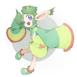Rule 34 | 1girl, blue eyes, double bun, dress, full body, green dress, green footwear, green hair, green sweater, hair bun, highres, horns, lidelle (puyopuyo), open mouth, pointy ears, puyopuyo, puyopuyo fever, ribbed sweater, short hair, sleeves past fingers, sleeves past wrists, solo, sweater, white background, youjo modoki