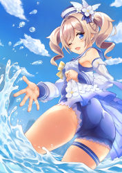 Rule 34 | 1girl, absurdres, alternate costume, artist request, ass, barbara (genshin impact), barbara (summertime sparkle) (genshin impact), bare shoulders, blonde hair, blue eyes, blue one-piece swimsuit, blush, breasts, cameltoe, detached sleeves, dress, drill hair, from behind, from below, genshin impact, hair between eyes, hair ornament, hat, highres, leotard, long hair, looking at viewer, looking back, looking down, one-piece swimsuit, one eye closed, open mouth, shiny clothes, shiny skin, short dress, sideboob, skindentation, smile, solo, sota, swimsuit, thigh strap, twin drills, twintails, water, white hat, wink