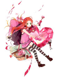 Rule 34 | 1girl, animal, basket, belt, box, broom, broom riding, chocolat meilleure, dress, duke (sugar sugar rune), floating hair, frog, full body, gift, gift box, heart, heart-shaped ornament, heart pendant, highres, holding, holding heart, holding stick, jewelry, looking at viewer, open mouth, orange hair, pendant, pink dress, sidelocks, simple background, stick, striped clothes, striped thighhighs, sugar sugar rune, thighhighs, third-party source, yoursincere
