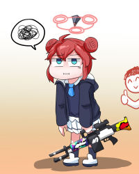 Rule 34 | 1boy, 1girl, ahoge, doodle sensei (blue archive), blue archive, blue eyes, c/h, collared shirt, commentary, double bun, english commentary, general dynamics lwmmg, gun, hair between eyes, hair bun, halo, holding, holding gun, holding weapon, korean commentary, looking at viewer, maki (blue archive), medium hair, mixed-language commentary, pleated skirt, red hair, school uniform, sensei (blue archive), shirt, sidelocks, skirt, thumbs up, weapon