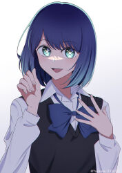 Rule 34 | 1girl, :d, black sweater vest, blue bow, blue bowtie, blue eyes, blue hair, bow, bowtie, collared shirt, commentary, gradient hair, hand up, highres, kurokawa akane, light blush, long sleeves, looking at viewer, medium hair, multicolored hair, open hand, open mouth, oshi no ko, school uniform, shirt, simple background, smile, solo, star-shaped pupils, star (symbol), sweater vest, symbol-shaped pupils, teeth, upper body, upper teeth only, white background, white shirt, yuriru