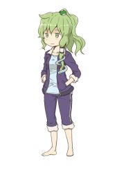 Rule 34 | 1girl, barefoot, female focus, frog hair ornament, full body, green eyes, green hair, hair ornament, hair tubes, hands in pockets, kawashina (momen silicon), kochiya sanae, matching hair/eyes, ponytail, simple background, sleeves rolled up, snake, solo, touhou, white background