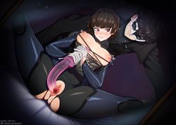 Rule 34 | 1boy, 1girl, biting own lip, black jumpsuit, braid, dildo, holding, holding sex toy, jumpsuit, leaning on person, niijima makoto, persona, persona 5, sex toy, spread legs, tagme, torn clothes