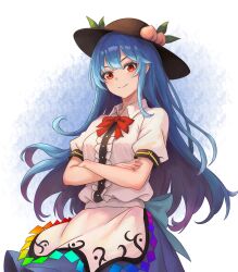 Rule 34 | 1girl, apron, black headwear, blue hair, blue skirt, bow, breasts, closed mouth, collared shirt, commentary request, cowboy shot, crossed arms, food, fruit, hat ornament, highres, hinanawi tenshi, leaf hat ornament, long hair, looking at viewer, medium breasts, peach, pigsir13152, rainbow gradient, red bow, red eyes, shirt, short sleeves, skirt, smile, solo, standing, touhou, waist apron, white background, white shirt