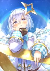 Rule 34 | 1girl, absurdres, amane kanata, angel, angel wings, bob cut, bow, colored inner hair, from below, halo, head rest, highres, hololive, multicolored hair, purple eyes, rainbow, sailor collar, short sleeves, silver hair, single hair intake, sky, smile, solo, star halo, virtual youtuber, wings, yu hydra