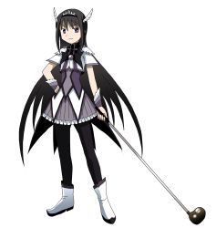Rule 34 | 1girl, :|, adapted costume, akemi homura, alternate costume, black hair, black pantyhose, bow, character name, closed mouth, cosplay, crossover, english text, golf club, hand on own hip, highres, long hair, magical girl, mahou shoujo madoka magica, mahou shoujo madoka magica (anime), pantyhose, parody, precure, purple eyes, simple background, skirt, smile precure!, standing, takaya n, tiara, very long hair, white background
