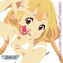 Rule 34 | 1girl, album cover, blonde hair, brown eyes, character name, child, copyright name, cover, finger frame, futaba anzu, idolmaster, idolmaster cinderella girls, jpeg artifacts, k-on!, long hair, open mouth, papepo, parody, simple background, solo, tattoo, twintails, white background