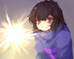 Rule 34 | androgynous, bad id, bad twitter id, beige background, brown eyes, brown hair, crying, crying with eyes open, dirty, dirty face, frisk (undertale), gender request, koyashaka, light, light rays, red eyes, shirt, simple background, solo, striped clothes, striped shirt, striped sweater, sweater, tears, turtleneck, undertale, upper body