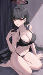 Rule 34 | 1girl, :o, absurdres, barefoot, black bra, black hair, black panties, blue archive, blush, bra, breasts, cleavage, collarbone, eonyan (chaeyang), hair ornament, hairclip, halo, highres, large breasts, long hair, open mouth, panties, raised eyebrows, red eyes, rio (blue archive), seiza, sitting, solo, strap gap, thighs, underwear, underwear only, very long hair