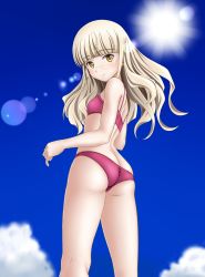 Rule 34 | 1girl, ass, bikini, blonde hair, blush, breasts, butt crack, day, female focus, glasses, highres, long hair, looking at viewer, looking back, mushoku no hourousha, perrine h. clostermann, purple bikini, sky, small breasts, smile, solo, strike witches, sun, swimsuit, world witches series, yellow eyes
