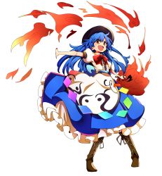 Rule 34 | absurdres, baba (baba seimaijo), black hat, blouse, blue bow, blue hair, blue skirt, boots, bow, bowtie, brown footwear, commentary request, cross-laced footwear, dress shirt, frilled skirt, frills, full body, hat, highres, hinanawi tenshi, long hair, open mouth, puffy short sleeves, puffy sleeves, red bow, red eyes, shirt, short sleeves, skirt, solo, sword of hisou, touhou, transparent background, white shirt