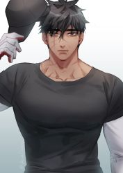 Rule 34 | 1boy, artist name, bara, biceps, black hair, gloves, hand on headwear, hat, heterochromia, highres, large pectorals, long sleeves, looking at viewer, male focus, manly, mature male, muscular, muscular male, original, pectorals, scar, scar across eye, scar on face, scar on neck, shirt, solo, spiked hair, ssong-ga, thick eyebrows, tight clothes, twitter username, upper body