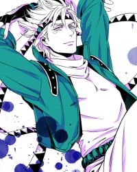Rule 34 | 1boy, a s h e s, arms behind head, bad id, bad pixiv id, caesar anthonio zeppeli, facial mark, feather hair ornament, feathers, fingerless gloves, gloves, green jacket, feather hair ornament, headband, jacket, jojo no kimyou na bouken, male focus, partially colored, scarf, solo