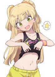 Rule 34 | 1girl, :d, bare shoulders, blonde hair, blush, clothes lift, collarbone, commentary, cowboy shot, fang, gazacy (dai), green eyes, hair ornament, hair scrunchie, highres, idolmaster, idolmaster cinderella girls, jougasaki rika, lifted by self, long hair, looking at viewer, navel, open mouth, scrunchie, shirt lift, shorts, simple background, smile, solo, spoken star, star (symbol), tank top, two side up, white background, wristband
