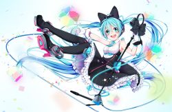 Rule 34 | 1girl, absurdres, aqua eyes, aqua hair, boots, cube, full body, gloves, hane4263, hatsune miku, high heels, highres, long hair, looking at viewer, magical mirai (vocaloid), magical mirai miku, magical mirai miku (2016), microphone, microphone stand, necktie, open mouth, outstretched arm, solo, thigh boots, thighhighs, twintails, very long hair, vocaloid, white background