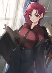 Rule 34 | 1girl, bazett fraga mcremitz, black pants, breasts, buttons, fate/grand order, fate (series), gloves, hayashi kewi, high-waist pants, jacket, large breasts, loose necktie, manannan mac lir (fate), manannan mac lir (first ascension) (fate), mole, mole under eye, necktie, official art, open clothes, open jacket, pants, parted bangs, red eyes, red hair, red shirt, shirt, solo, window