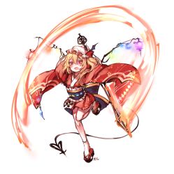 Rule 34 | &gt;:d, 1girl, :d, alternate costume, arms up, asymmetrical wings, bare legs, blonde hair, flandre scarlet, full body, furisode, hair between eyes, hat, highres, japanese clothes, kimono, laevatein (tail), looking at viewer, mob cap, obi, okobo, open mouth, platform clogs, red eyes, sandals, sash, short hair, short kimono, side ponytail, slit pupils, smile, solo, standing, standing on one leg, sword, tail, thighs, tis (shan0x0shan), touhou, v-shaped eyebrows, vampire, weapon, white legwear, wide sleeves, wings