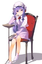 Rule 34 | 1girl, adapted costume, alternate costume, bad id, bad twitter id, barefoot, book, bow, capelet, chair, crescent, dress, hair bow, hair ornament, hasebe yuusaku, hat, hat bow, long hair, long sleeves, looking at viewer, mob cap, patchouli knowledge, purple eyes, purple hair, simple background, sitting, socks, solo, touhou, white background, white socks
