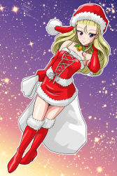 Rule 34 | 1girl, alternate costume, artist name, assam (girls und panzer), bell, black choker, blonde hair, blue eyes, blue sky, boots, choker, closed mouth, commentary, dated, dress, dutch angle, elbow gloves, fur-trimmed dress, fur-trimmed footwear, fur trim, girls und panzer, gloves, gradient sky, hair pulled back, hand in own hair, hat, high heel boots, high heels, holding, holding sack, knee boots, long hair, looking at viewer, matsui yasutsugu, neck bell, one-hour drawing challenge, orange sky, outline, red dress, red gloves, red hat, sack, santa costume, santa hat, short dress, signature, sky, smile, solo, standing, star (sky), starry sky, strapless, strapless dress, white outline