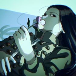 Rule 34 | 1boy, black eyes, black hair, empty eyes, expressionless, flower, flower to mouth, hand on own stomach, hand up, highres, holding, holding flower, hunter x hunter, illumi zoldyck, leaf, long hair, long sleeves, looking at viewer, lying, muted color, no bangs, on back, solo, thicopoyo, zipper