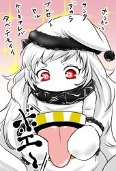 Rule 34 | 10s, 1girl, abyssal ship, christmas, colored skin, dress, hat, horns, kantai collection, long hair, mittens, northern ocean princess, red eyes, santa hat, solo, torii5011, translation request, white dress, white hair, white mittens, white skin