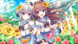 2girls :d ahoge birthday black_bow blue_eyes blue_sailor_collar blue_skirt blue_sky blurry blurry_foreground bow breasts brown_hair closed_mouth cloud day diagonal-striped_bow dot_nose dutch_angle falling_petals fang field film_grain flower flower_field game_cg grey_hair hair_bow hair_flower hair_intakes hair_ornament hair_ribbon ichijou_ruka izumi_tsubasu lens_flare long_hair looking_at_another marehoshi_academy_school_uniform medium_breasts multiple_girls non-circular_lens_flare non-web_source official_art open_mouth orange_flower orange_petals orange_rose outdoors petals pillar pink_flower pink_rose purple_eyes re:stage! red_flower red_petals red_ribbon red_rose ribbon rose sailor_collar school_uniform shikimiya_aone short_hair_with_long_locks short_sleeves skirt skirt_hold sky smile sparkle summer_uniform sunflower sunflower_hair_ornament yellow_petals