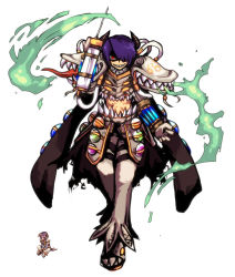Rule 34 | 1boy, animal ears, commentary request, emon-yu, flask, full body, gauntlets, genetic (ragnarok online), gloves, grin, hair over one eye, horns, living clothes, looking at viewer, pants, photo inset, purple hair, ragnarok online, red eyes, reference inset, round-bottom flask, short hair, simple background, smile, solo, sprite, standing, syringe, teeth, tongue, vial, white background, white gloves, white pants
