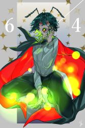 Rule 34 | 1girl, absurdres, bifrst, black pants, commentary, crossed bangs, dated, full body, green hair, grey background, highres, light particles, looking at viewer, open mouth, pants, red eyes, shirt, short hair, signature, solo, star (symbol), teeth, touhou, two-tone cape, white shirt, wriggle nightbug
