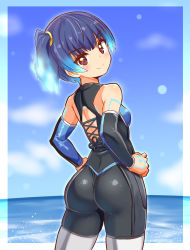 Rule 34 | 1girl, alternate costume, ass, bare shoulders, black eyes, blue hair, bodysuit, breasts, cougar (cougar1404), diving suit, flaming hair, from behind, looking at viewer, looking back, medium breasts, multicolored hair, sena (xenoblade), shiny clothes, shiny skin, short hair, side ponytail, sideboob, smile, solo, thighhighs, thighs, wetsuit, xenoblade chronicles (series), xenoblade chronicles 3