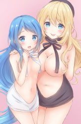 Rule 34 | 10s, 2girls, :d, :p, aqua eyes, areola slip, arm behind back, atago (kancolle), backless dress, backless outfit, bare arms, bare shoulders, beret, black hat, black sweater, blonde hair, blue eyes, blue hair, blush, breasts, cleavage, cowboy shot, dress, flat chest, hair between eyes, hand on another&#039;s shoulder, hat, highres, kantai collection, large breasts, long hair, looking at viewer, meme attire, multiple girls, naked sweater, nanairo fuuka, navel, open mouth, pink background, ribbed sweater, samidare (kancolle), side-by-side, simple background, smile, sweater, sweater dress, tongue, tongue out, turtleneck, turtleneck sweater, very long hair, virgin killer sweater, wardrobe error, white sweater