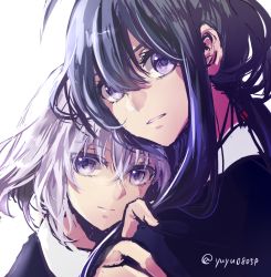 Rule 34 | 10s, 2boys, ahoge, androgynous, black hair, hand on another&#039;s shoulder, honebami toushirou, long hair, looking at viewer, male focus, multiple boys, namazuo toushirou, parted lips, purple eyes, short hair, simple background, touken ranbu, twitter username, white background, white hair, yuyu (yuyurhythm)
