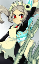 Rule 34 | 1girl, angry, arm up, bloody marie (skullgirls), brooch, energy, fire, frown, grey hair, hair ornament, jewelry, looking at viewer, maid headdress, red eyes, ribs, skeleton, skull hair ornament, skullgirls, solo, tina orz, twintails