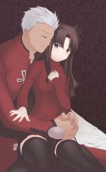 Rule 34 | 1boy, 1girl, archer (fate), bad id, bad pixiv id, black thighhighs, blue eyes, brown hair, closed eyes, couple, dark-skinned male, dark skin, fate/stay night, fate (series), hair ribbon, hetero, hug, hug from behind, long hair, ribbon, sitting, sitting on lap, sitting on person, thighhighs, tihs00, tohsaka rin, turtleneck, twintails, two side up, white hair