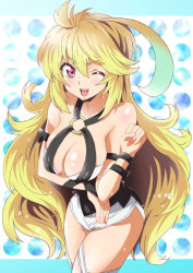 Rule 34 | 1girl, ahoge, aqua hair, arm strap, artist request, blonde hair, breasts, cleavage, leg strap, long hair, looking at viewer, medium breasts, milla maxwell, multicolored hair, o-ring, o-ring top, one-piece swimsuit, one eye closed, open mouth, red eyes, smile, strap, swept bangs, swimsuit, tales of (series), tales of xillia, tales of xillia 2, teeth, two-tone hair, very long hair, wink