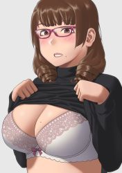 Rule 34 | 1girl, blush, bow, bow bra, bra, breasts, brown eyes, brown hair, cleavage, commentary request, drill hair, glasses, grey background, highres, large breasts, long hair, looking at viewer, mole, mole under mouth, original, pink-framed eyewear, ryokucha michi, solo, sweater, underwear, white bra