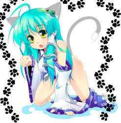 Rule 34 | 1girl, all fours, animal ears, aqua hair, barefoot, blue hair, blush, body blush, bottomless, cat ears, cat girl, cat tail, clenched hand, detached sleeves, female focus, frog, gradient hair, green hair, hair ornament, kemonomimi mode, kochiya sanae, multicolored hair, open mouth, paw pose, paw print, snake, solo, sw (taco), tail, touhou, yellow eyes